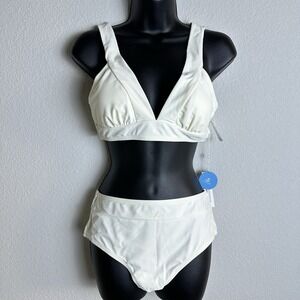 Cupshe Women's Ivory V Neck Bralette & Wide Band High Waist Bikini Set Medium